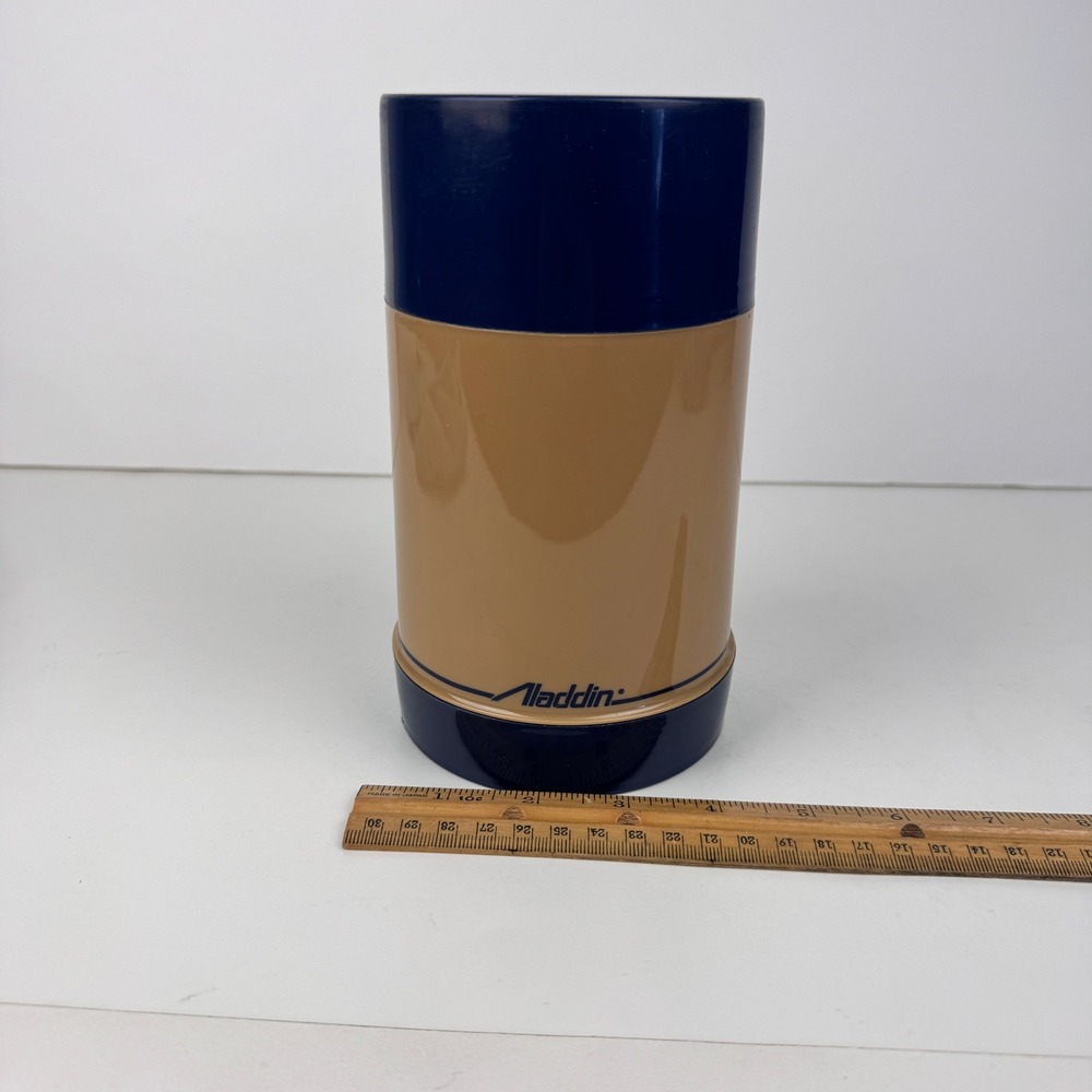 Vtg Aladdin Plastic Travel Thermos Tan Blue‎ Pint Wide Mouth Decor Upcycle READ